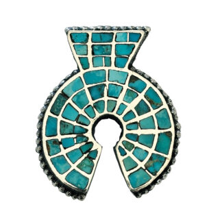 The Lester James Pendant is a silver necklace featuring turquoise inlays in a geometric circular design with a missing bottom segment and a rectangular top section.