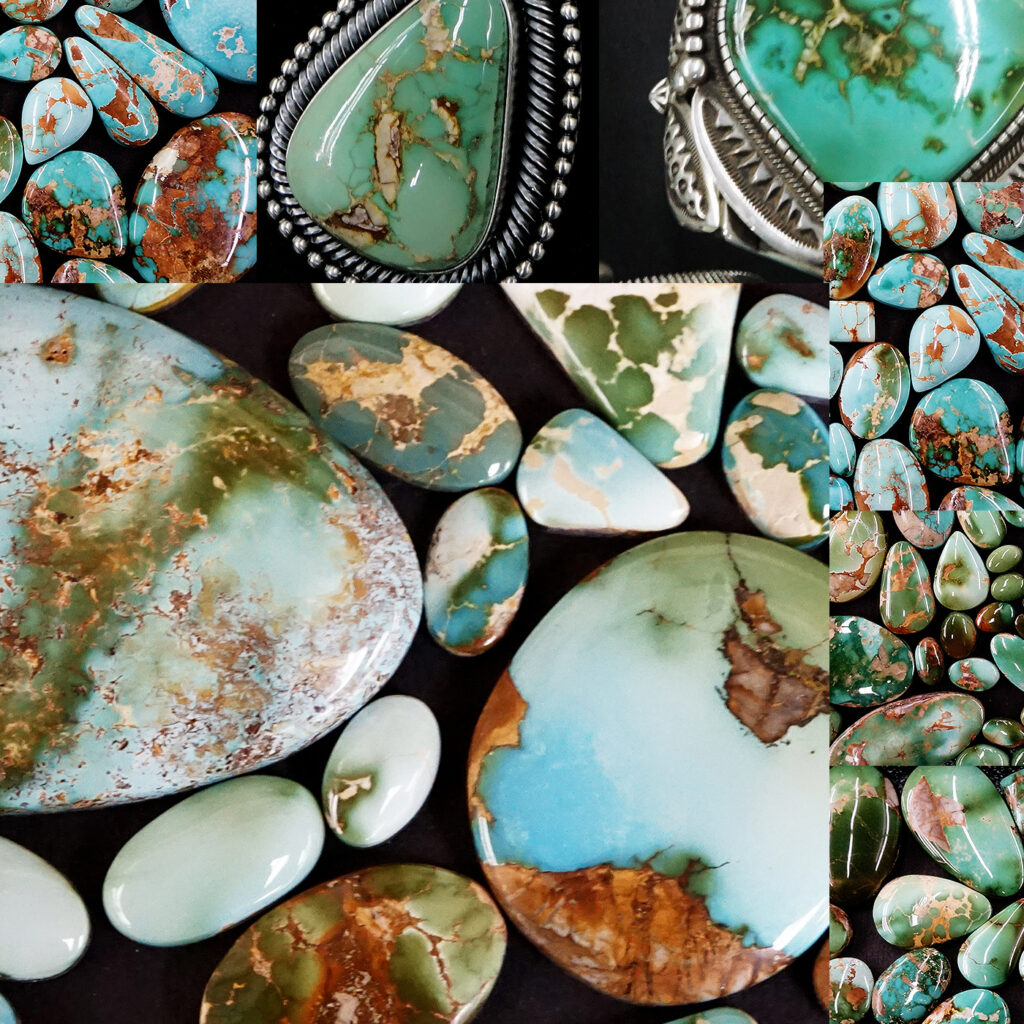 A collage of turquoise stones and cabochons, showcasing various sizes, shapes, and natural patterns in shades of blue, green, and brown with intricate veining. Some pieces are set in silver jewelry.