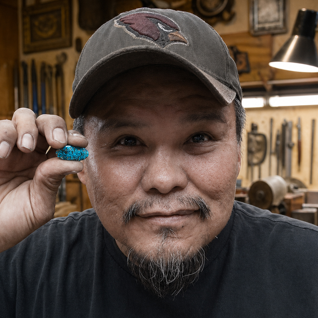 Aaron Anderson with a mustache and goatee, wearing a dark cap, smiles as he holds up a piece of bright blue stone in a workshop filled with tools and wooden decor in the background.