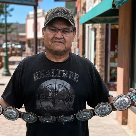Calvin Martinez wearing glasses, a cap, and a black Realtree t-shirt stands on a sidewalk, holding a large silver concho belt with turquoise details in both hands. Storefronts and street lamps are visible in the background.