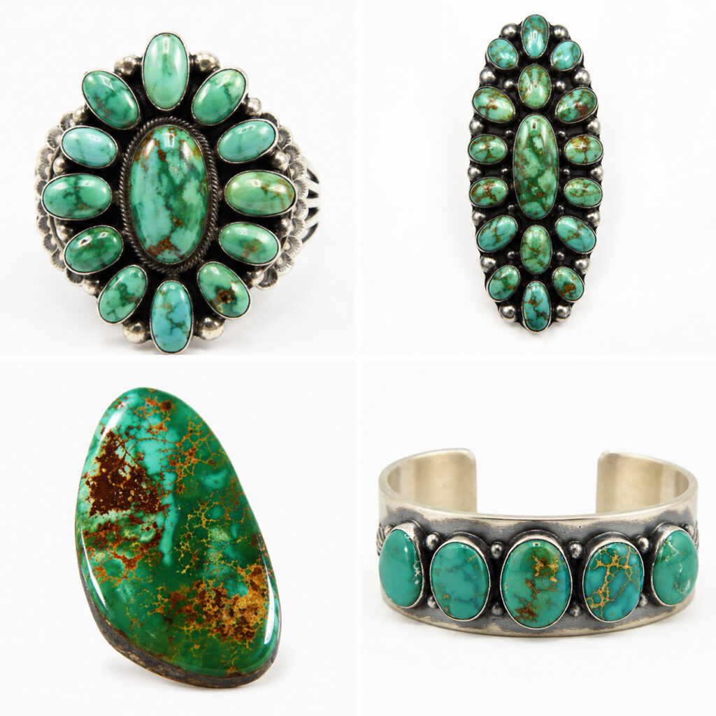 A collage of four turquoise jewelry pieces: two ornate rings with multiple turquoise stones, a single polished turquoise stone, and a silver cuff bracelet with three turquoise stones.