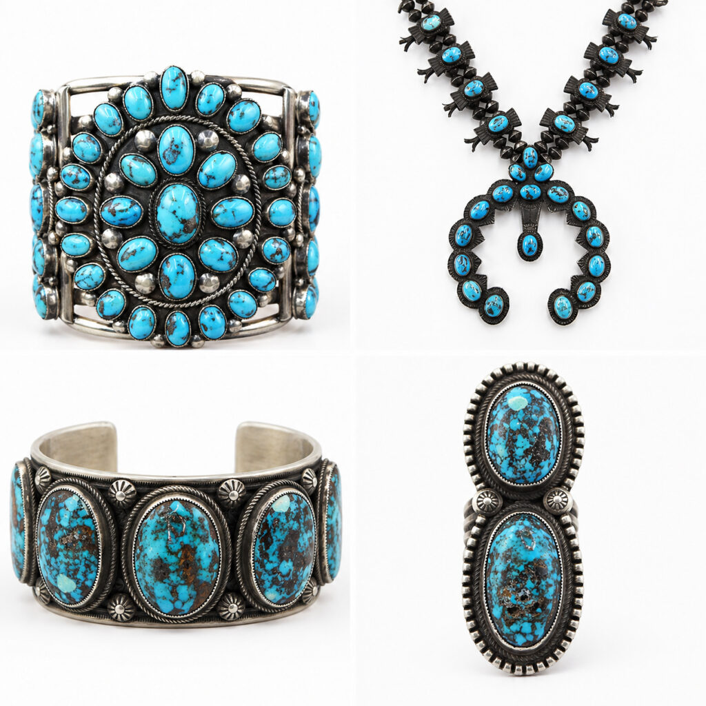 Four pieces of turquoise and silver jewelry: a circular cluster bracelet, a squash blossom necklace, an oval cuff bracelet, and a large double-oval ring, all displayed on a white background.