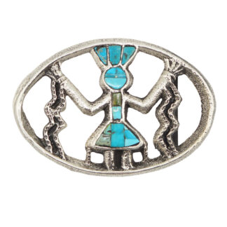 Oval silver belt buckle featuring an inlaid turquoise figure with outstretched arms, standing between two zigzag lines, possibly representing lightning or energy. The design appears inspired by Native American art.