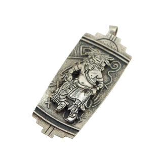 Rectangular silver pendant featuring an embossed figure wearing traditional Aztec or Mesoamerican attire, with intricate patterns and symbols engraved on the surface.