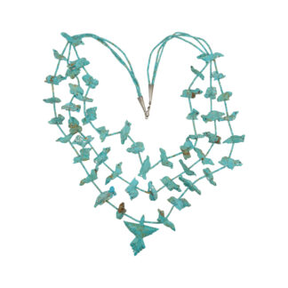 The Zuni Three Strand Turquoise Fetish Necklace features bird-shaped turquoise beads strung on cord in a V-shape with a metal clasp, shown against a white background.